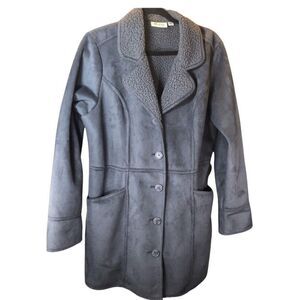 D & Co Jacket Women Medium Gray Sherpa‎ Lined Long Coat Pockets Collared Buttons